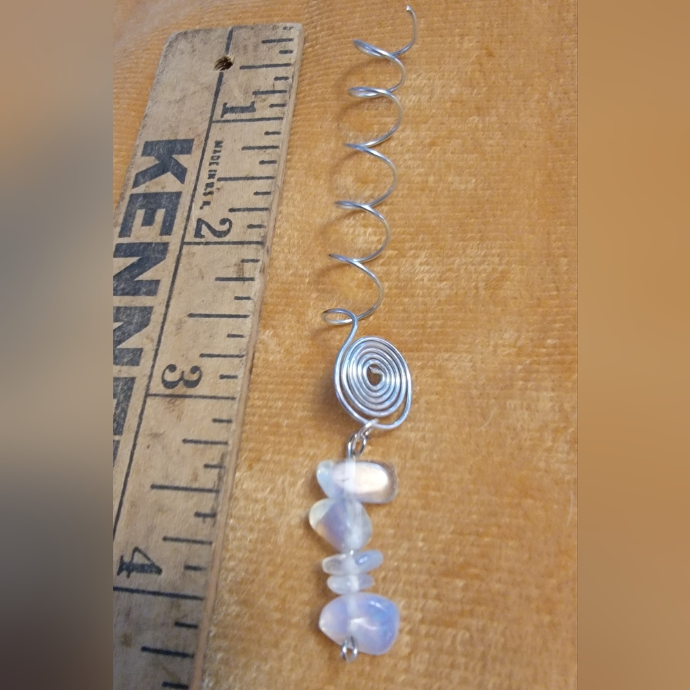 Silver Spiral Necklace with White Opalescent Bead Dangles